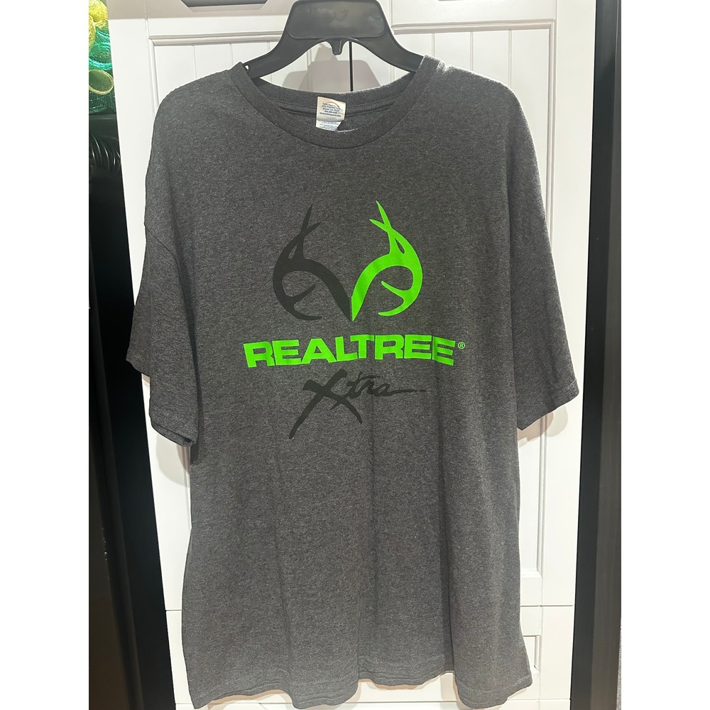 Realtree Xtra Mens XL T-Shirt Charcoal Gray Neon Green Antler Logo Delta Graphic